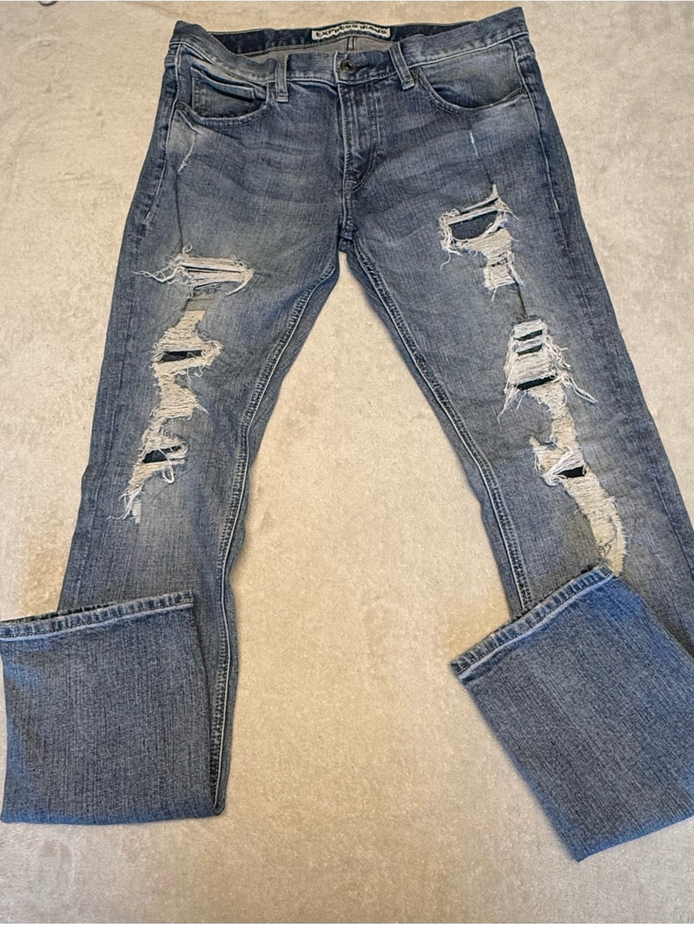 Express Men's Distressed Gray-Blue Skinny Jeans